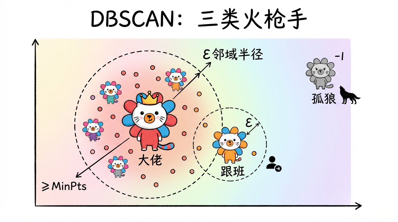 DBSCAN 核心点、边界点、噪声点示意图