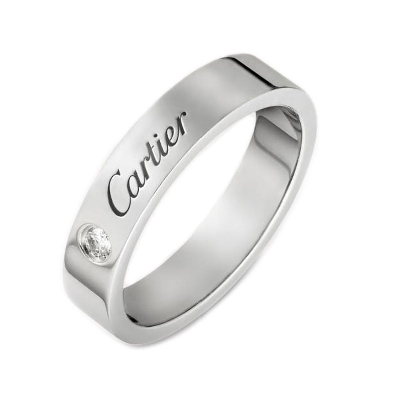 Authentic [9.8 New] Cartier Women's Size 50 Platinum Signature Style Single Diamond Wide Band Ring, Retail Price 2.29W
