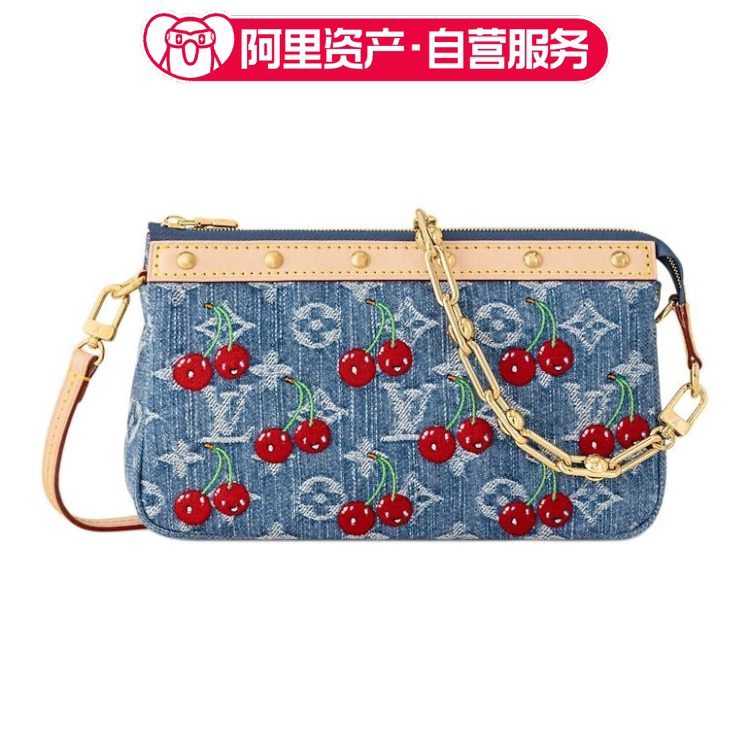 Brand New Lv/Louis Vuitton Murakami Collaboration Pmonogramcherry Denim Handbag for Women in Blue