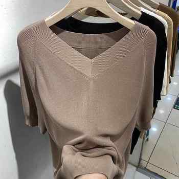 Autumn and winter plus size women's loose v-neck ice linen short-sleeved sweater women's simple casual versatile solid color on 1204z