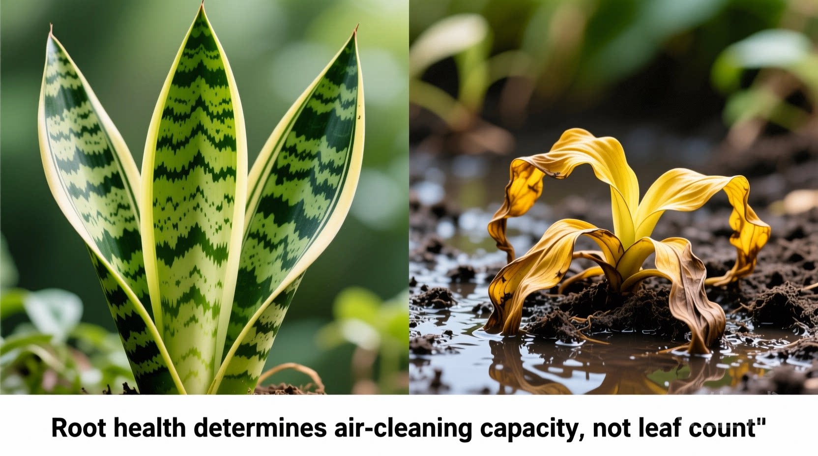 Side-by-side photo showing healthy snake plant with vibrant upright leaves beside a wilted, yellowing specimen in waterlogged soil—captioned 'Root health determines air-cleaning capacity, not leaf count'