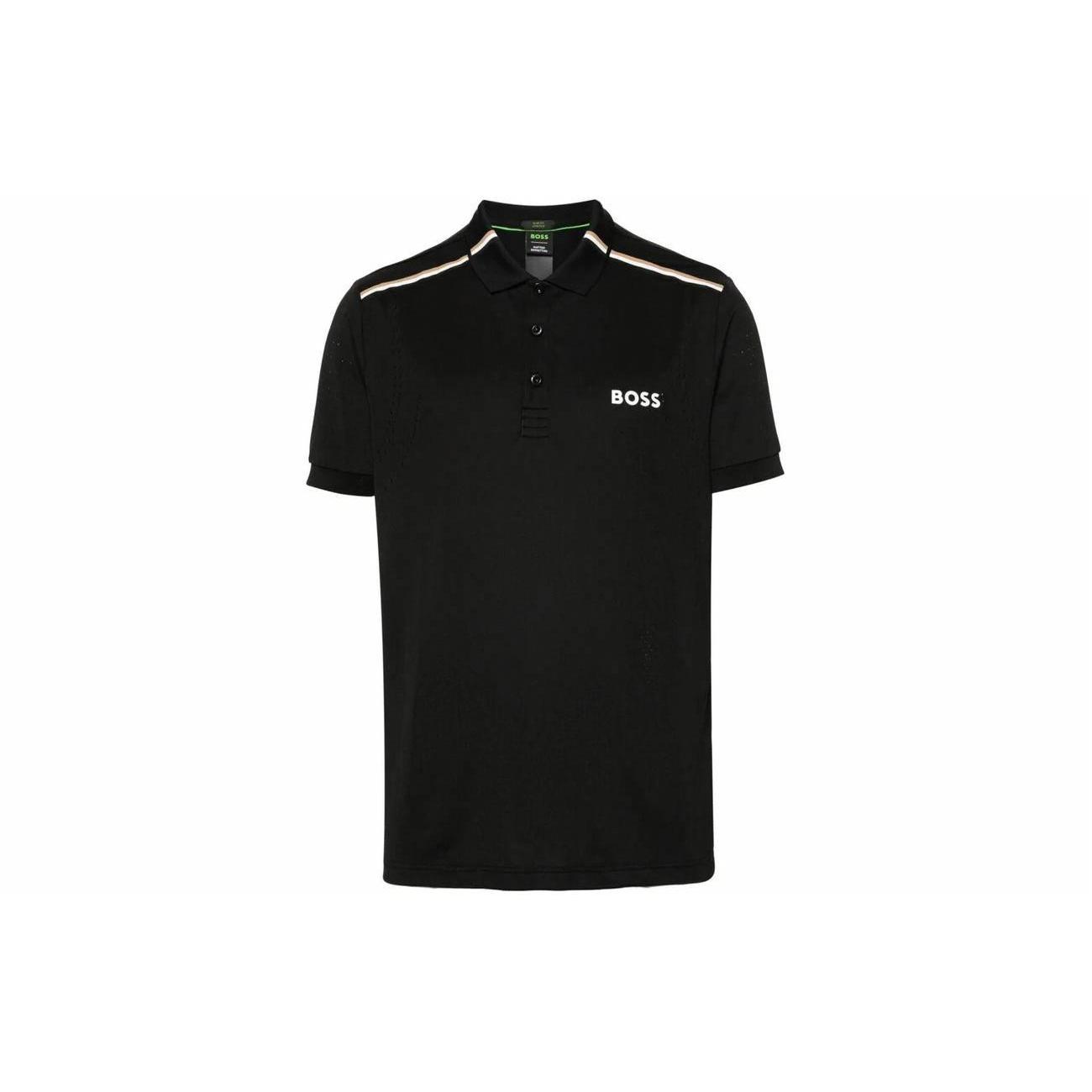 HUGO BOSS 条纹Logo字母印花翻领短袖T恤 男款 黑色