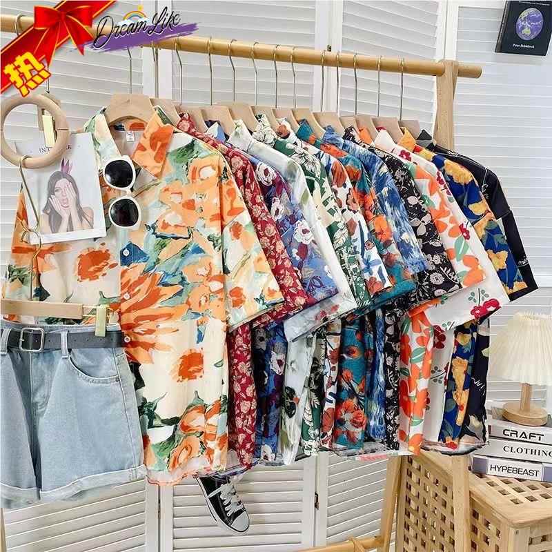 Nostalgic Retro Hong Kong Style Women's Clothing from the 80S, 90S Summer Short-Sleeve Printed Shirts, Slim-Fit, High-End Feel, Men's Light Luxury Fashion