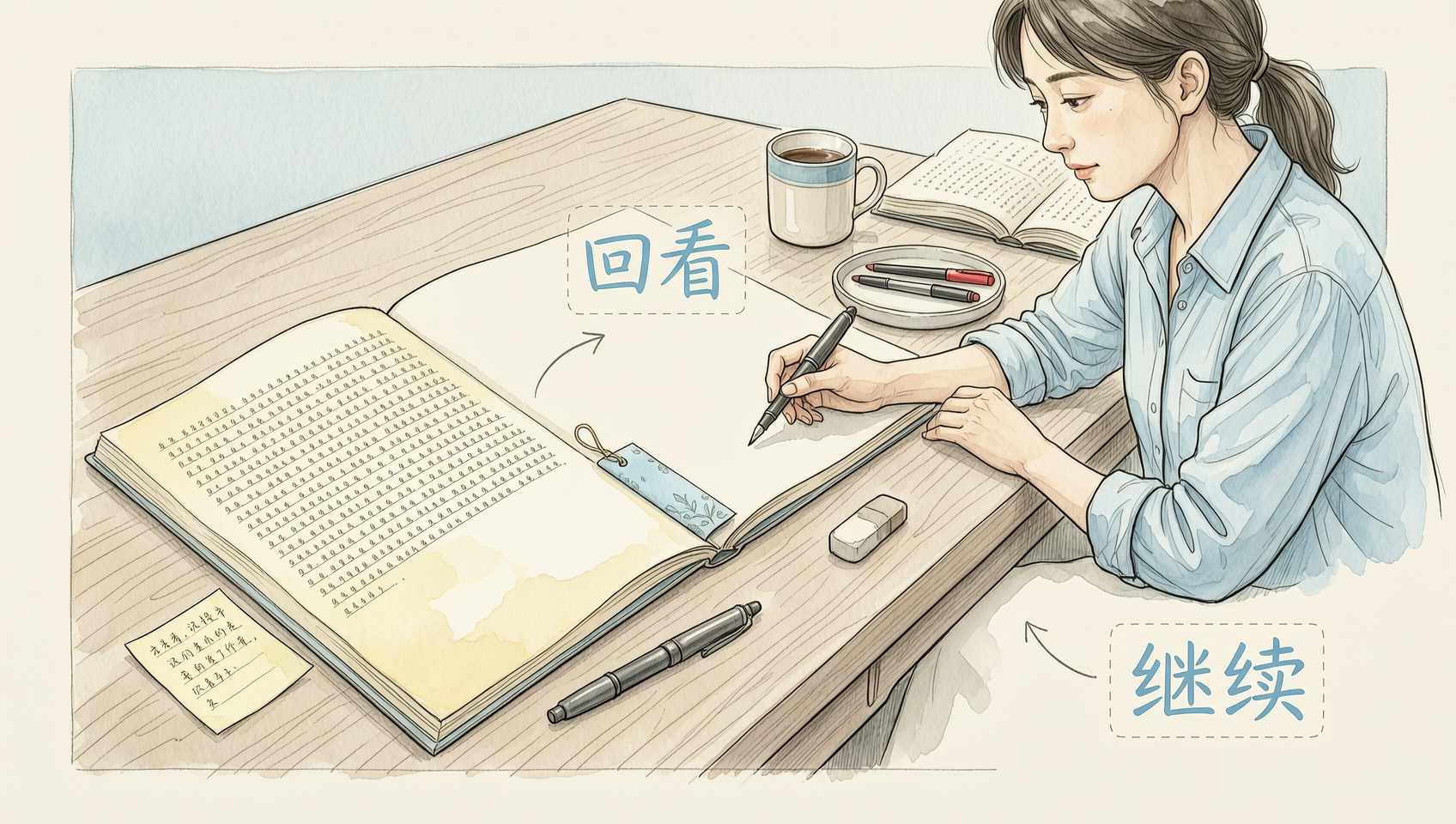中断后回看已有内容并继续写作的场景插画