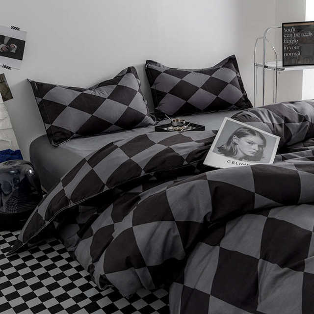 Nordic simple washing cotton bed four-piece set ins style gray diamond 1.5 meters quilt cover bed sheet three-piece set
