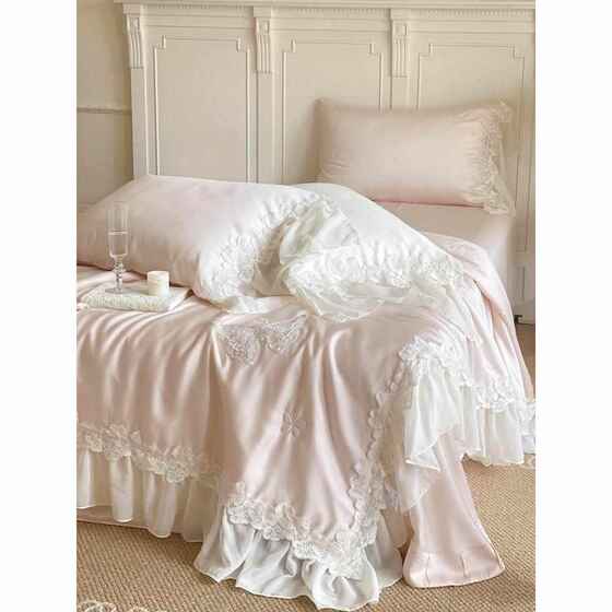 夏季公主风蕾丝边100S天丝夏凉被四件套冰丝可水洗薄款空调被子