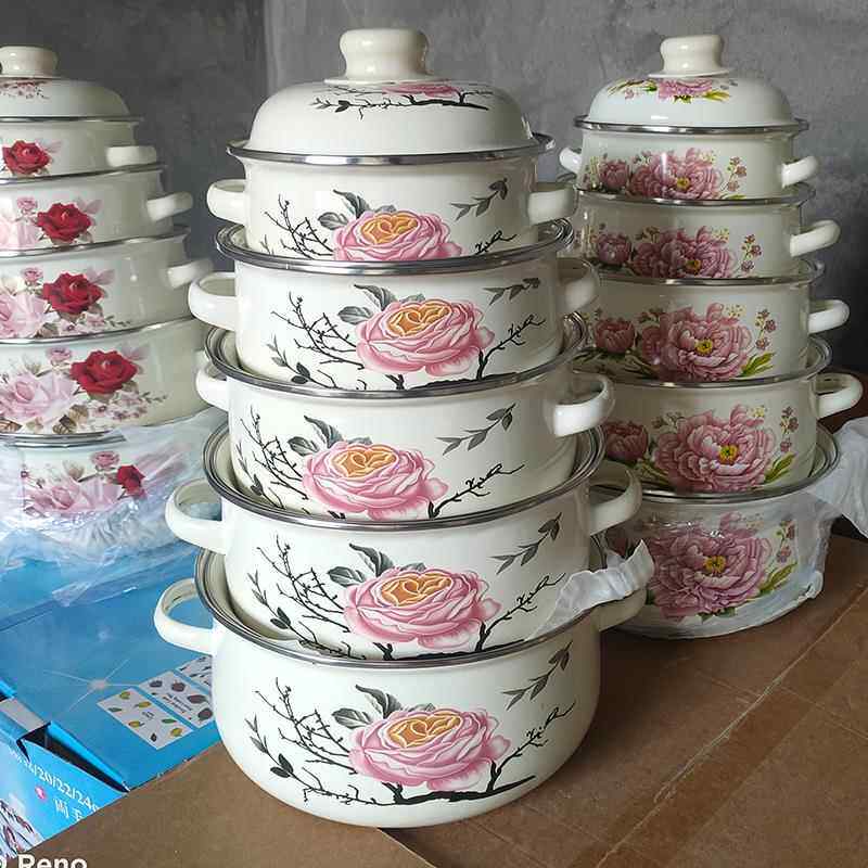 老式搪瓷白花色烧锅双耳带盖锅炖锅汤锅泡面锅电磁炉燃气灶通用