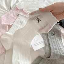 White lace bow socks womens mid-calf socks summer thin pure cotton Japanese style hollow girl pink pile socks