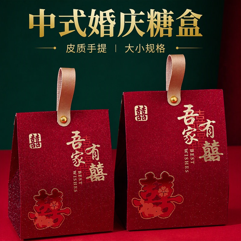 Flagship Store Chinese-Style Wedding Candy Box, Red Double Happiness Character Leather Hand-Held Candy Box, Wedding Gift Box, Happy Marriage
