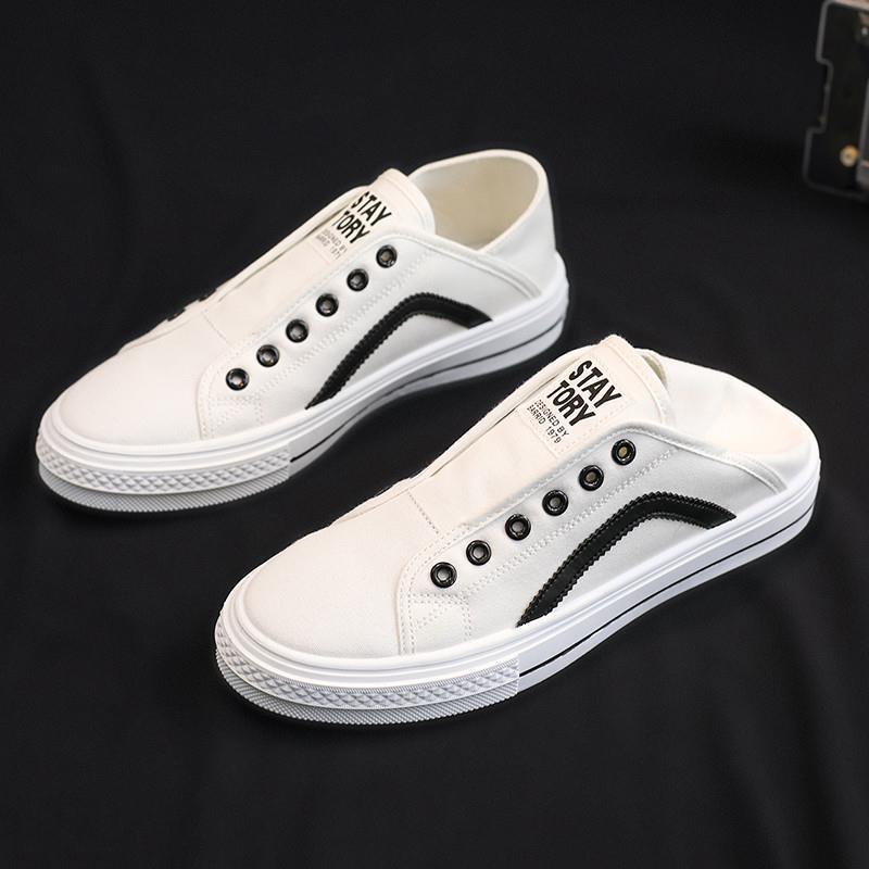 Summer Canvas Shoes for Men, Korean Style, Outdoor Dual-Wear Half-Slippers, Slip-On Lazy White Shoes, Versatile Trendy Sneakers