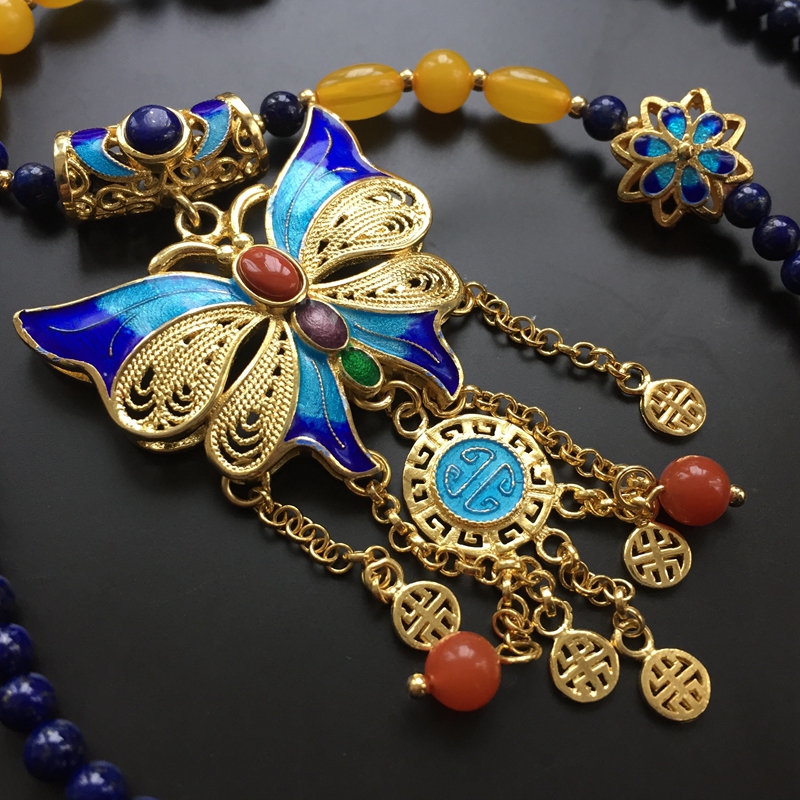 Sterling silver gold plated handmade filigree enamel inlaid bead chain Traditional intangible craft pendant DD14