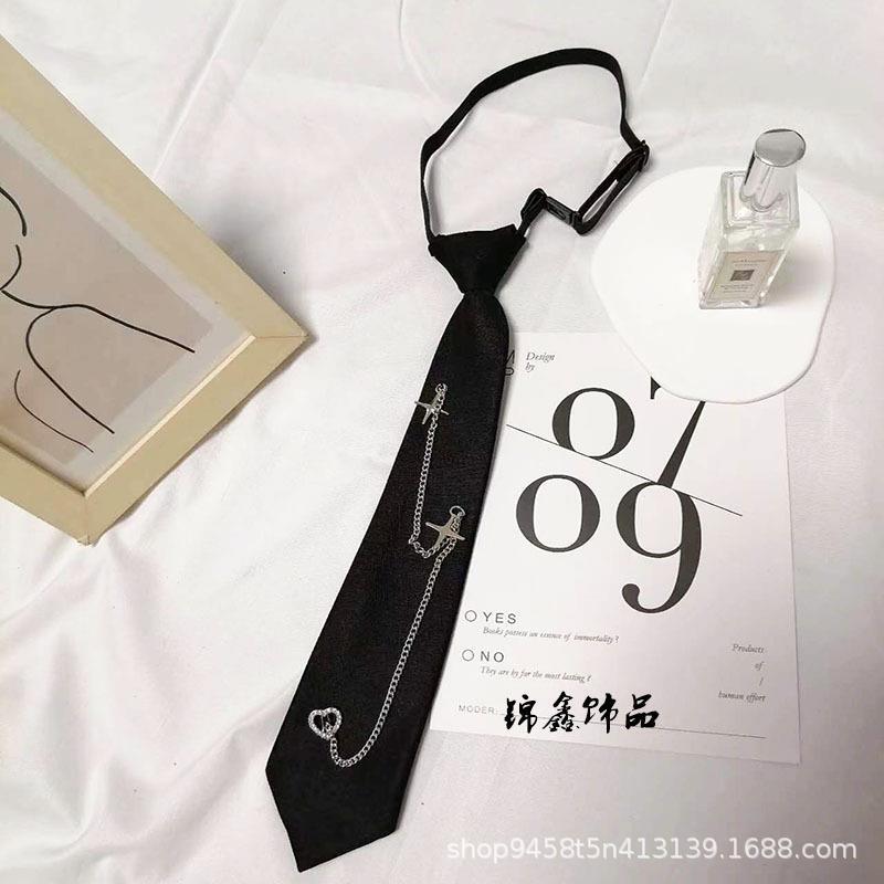 Original Chain Tie Jk Style for Women, Pure Black, No Need to Tie, Lazy Shirt Tie, Cross Heart Design, Campus Style, Casual Tie for Men