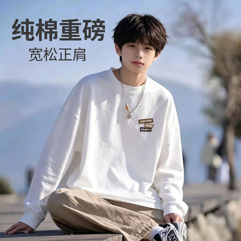 Pure Cotton Heavyweight Crew Neck Long-Sleeve American-Style Printed T-Shirt for Men, Loose Fit, Regular Shoulder, Autumn, for Teenagers and Students, Base Layer Shirt