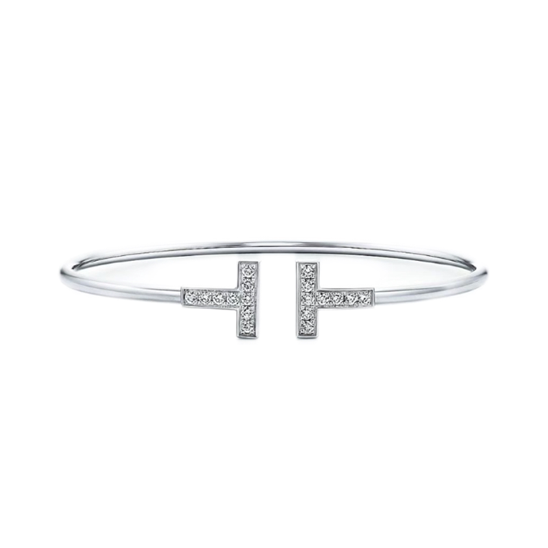 Large Size [9.9 New] Tiffany Women's Platinum Diamond-Encrusted Double-T Open Bracelet, Size L, Retail Price 42,400