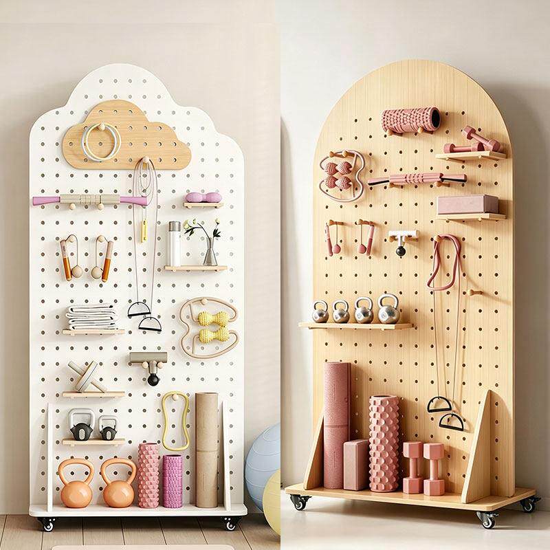 Solid wood hole board yoga fitness equipment storage and organization vertical display rack removable pulley screen storage rack