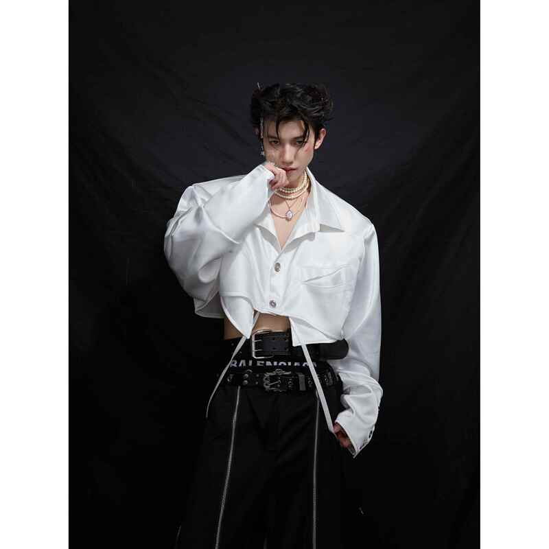 Argueculture Niche Deconstructed Design Short Ribbon Shirt with Shoulder Pads, Loose and Silky Luxurious Top, Trendy