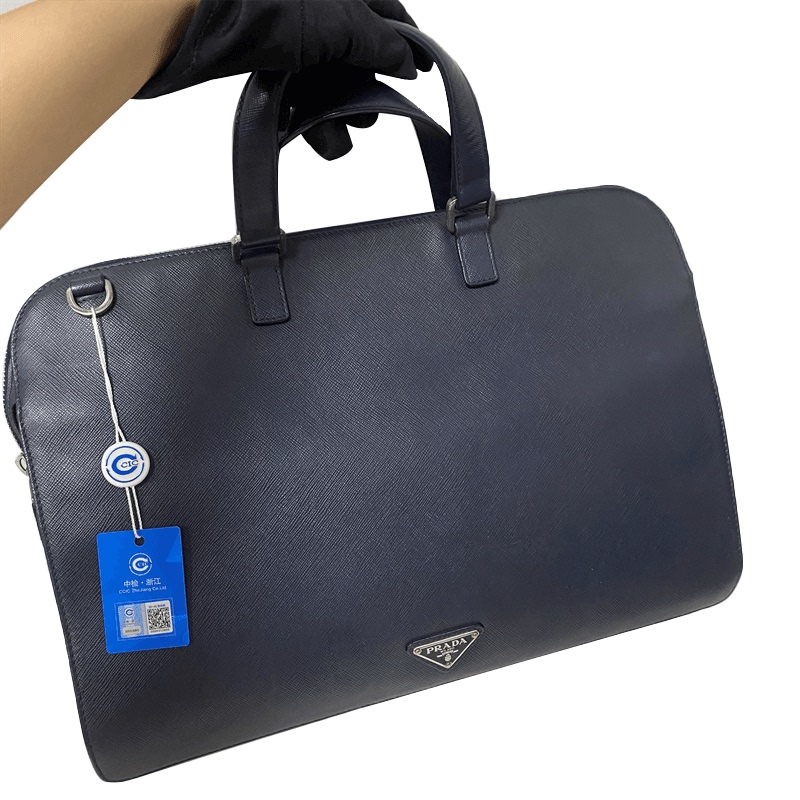 【 70% off Instant Purchase 】95% New Prada Prada Navy Blue Cross-Grained Leather Men's Handbag Briefcase