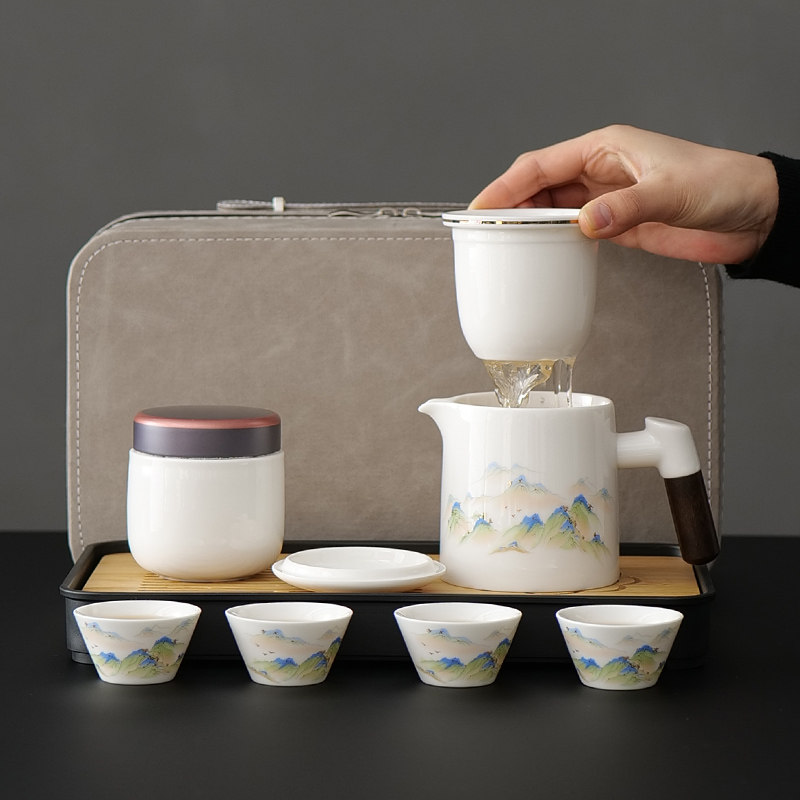 Tea set Kung Fu four cups complete set one pot out-and-out tea set travel portable bag white porcelain tea can camping