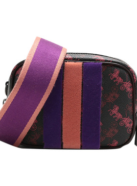 未使用Coach/蔻驰Camera 16帆布拼皮革黑色拼红色女款小号斜挎包