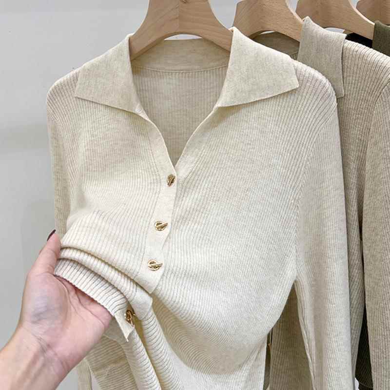 Turn-Down Collar Long-Sleeve Knit Base Shirt 2025 Spring and Autumn New Stylish Top Korean Style Long-Sleeve Women's Sweater Trendy