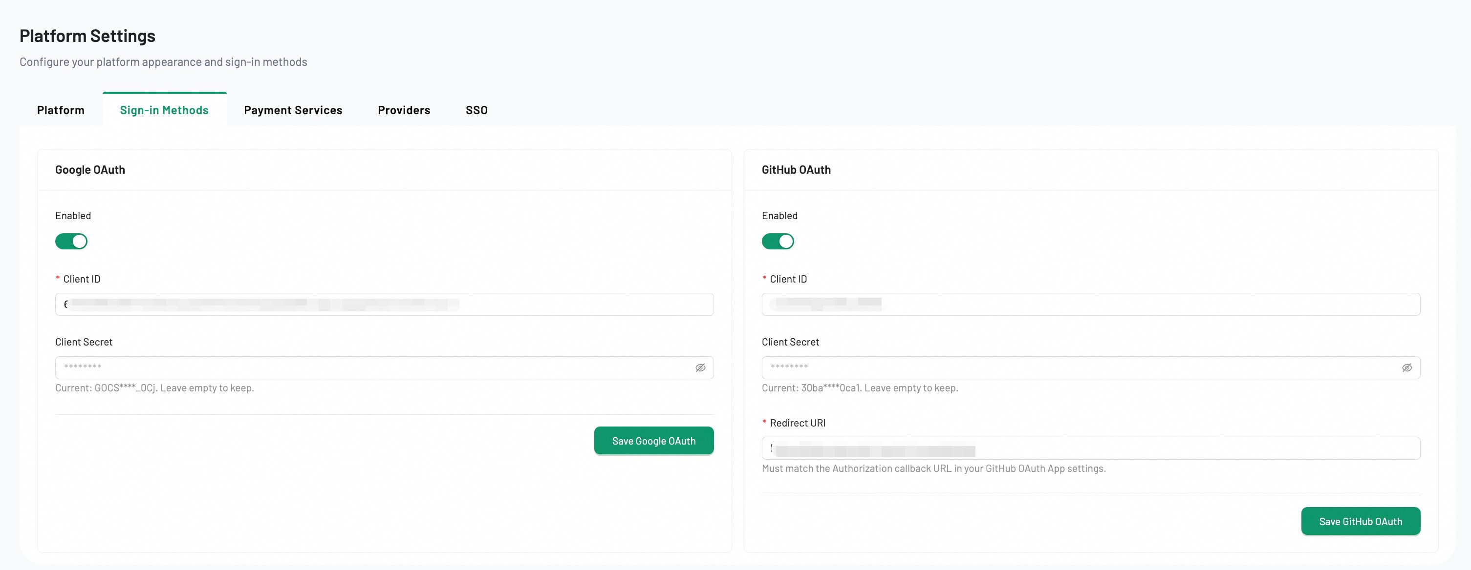 Sign-in Methods — Google OAuth and GitHub OAuth configuration cards