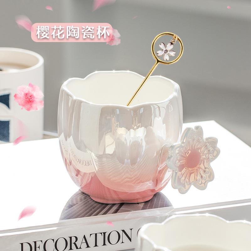 High-Appearance Cherry Blossom Mug, Cute Birthday Gift for Girls, Ceramic Cup for Couples, Home Use Coffee and Tea Cup with Spoon