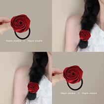 Charming rose French satin rose hair tie ponytail head rope retro and high-end rubber band hair rope hair accessory