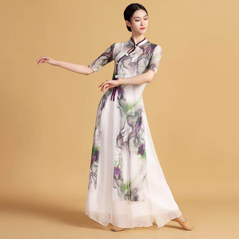 旗袍舞蹈服装女式弹力纱中国舞蹈古典舞练习服装成人舞蹈表演服装