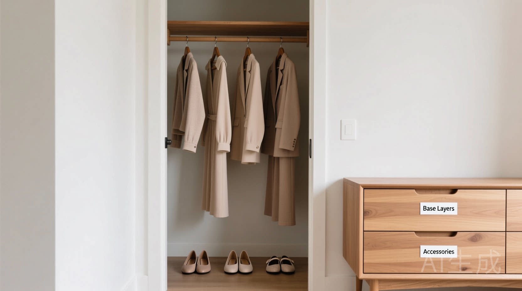 A minimalist closet doorway view: five coordinated outfits hung on spaced hangers, each with matching shoes aligned on the floor below; a clean wooden dresser sits to the right with two shallow, labeled drawers visible—'Base Layers' and 'Accessories'