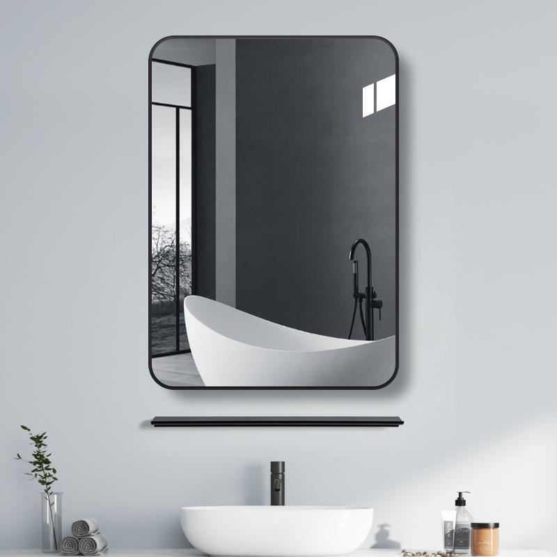 Metal Frame Bathroom Mirror, Bathroom Washbasin Vanity Mirror, Wall-Mounted Square Aluminum Alloy Mirror with Storage Shelf