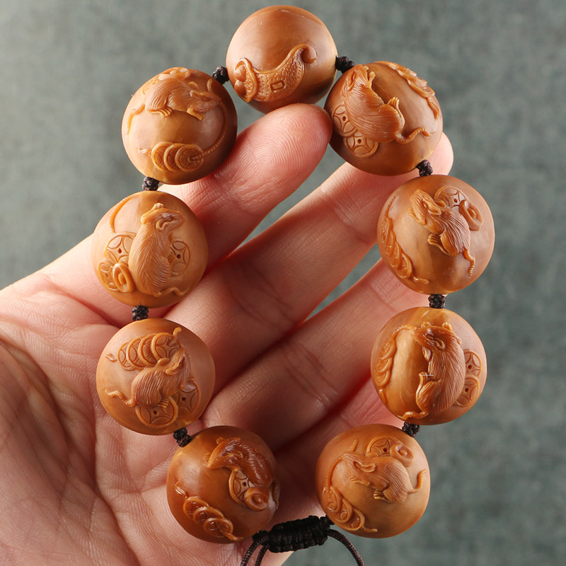 2 1x2 1cm (FORTUNE) Jiang Qinghua's work of olive nuclear sculpted three-flower oil nuclear men's handstring