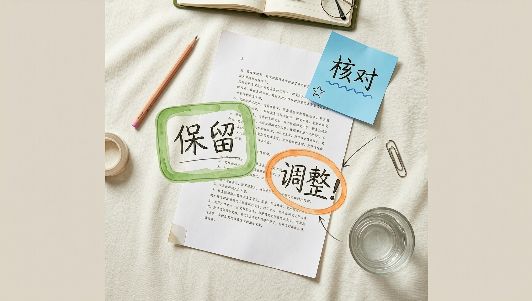 局部修订时保留、调整和核对三类信息的概念插画