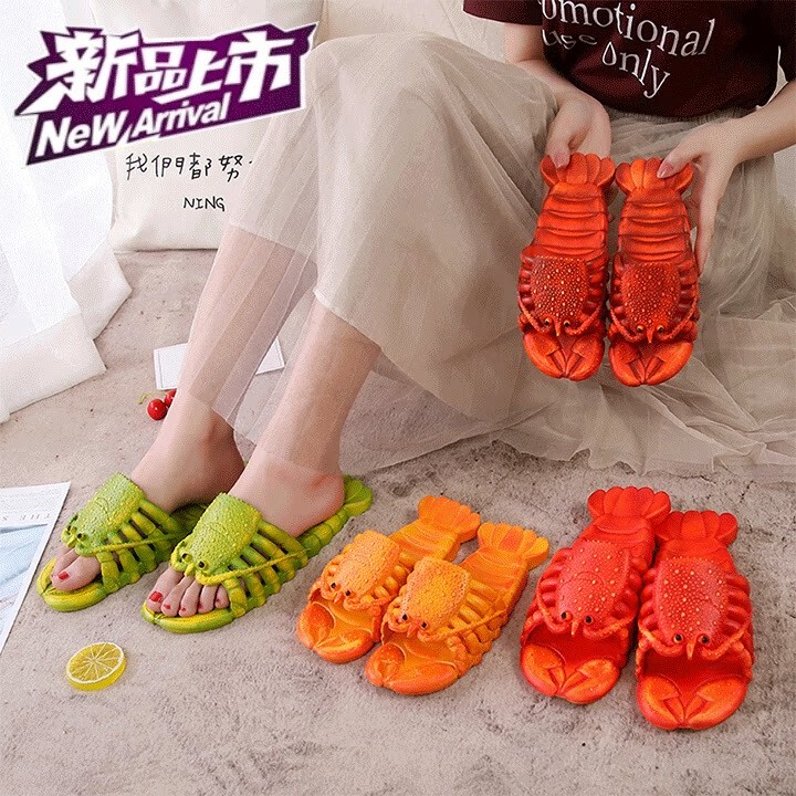 Crayfish Summer Slippers, Personalized and Creative Thick-Soled Women's Beach Slippers, Funny Outdoor Slippers, Water-Resistant, Non-Slip, Bathing and Home Shoes
