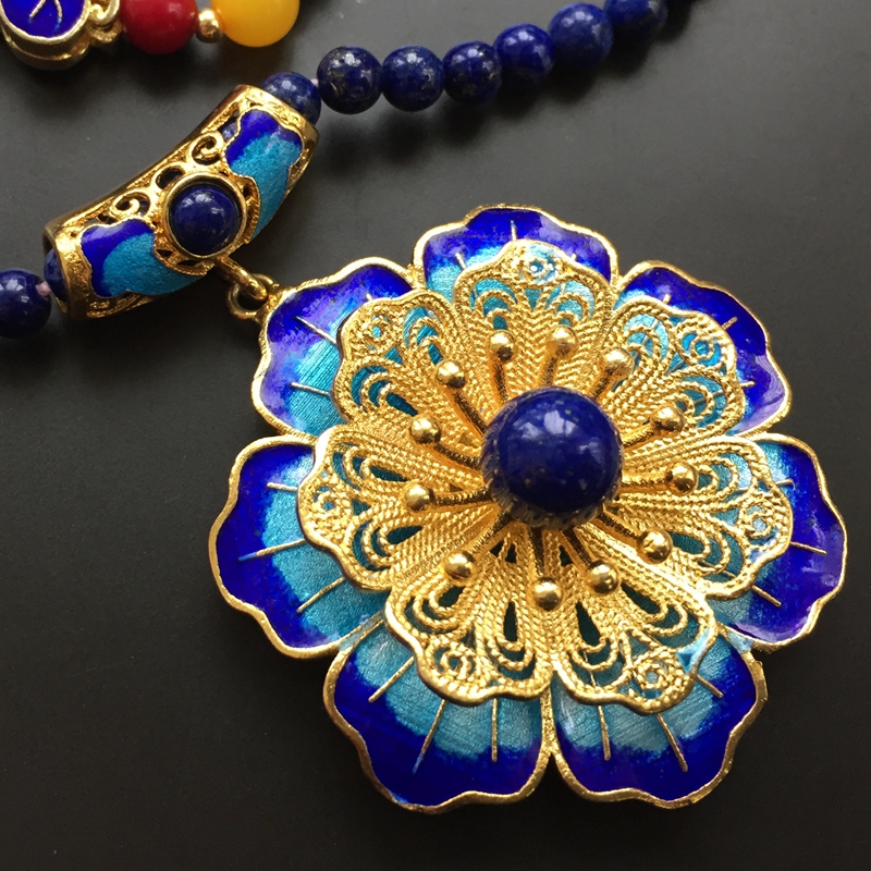 Pure silver gilded handmade flower silk enamel inlaid pendant beads with traditional non-relic process pendant DD24