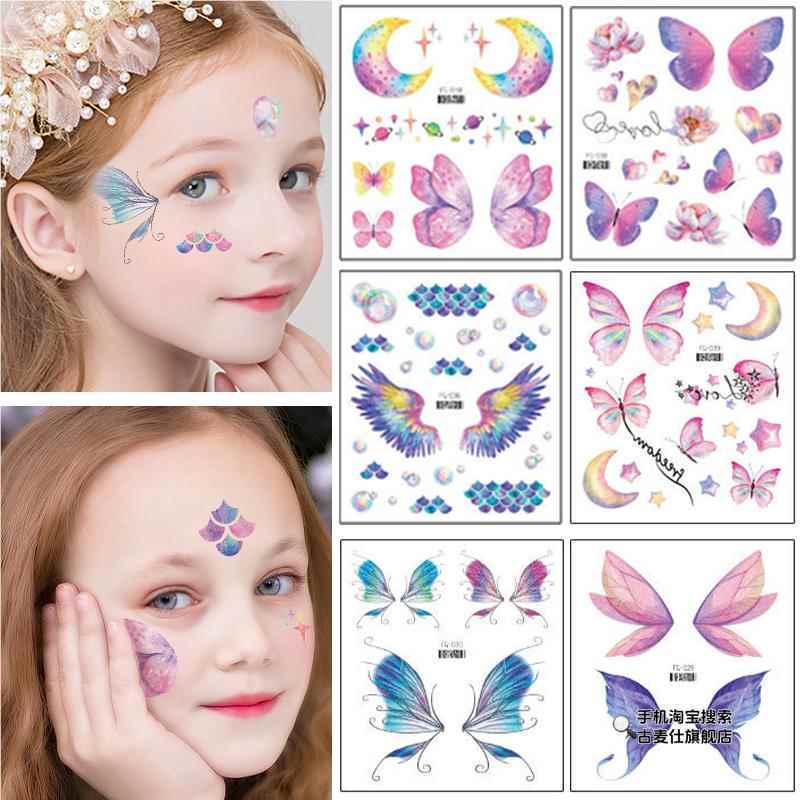 Children's Face Stickers with Butterfly Tattoo Designs, Forehead and Brow Stickers, Face Painting Stickers for Girls, Non-Toxic and Washable