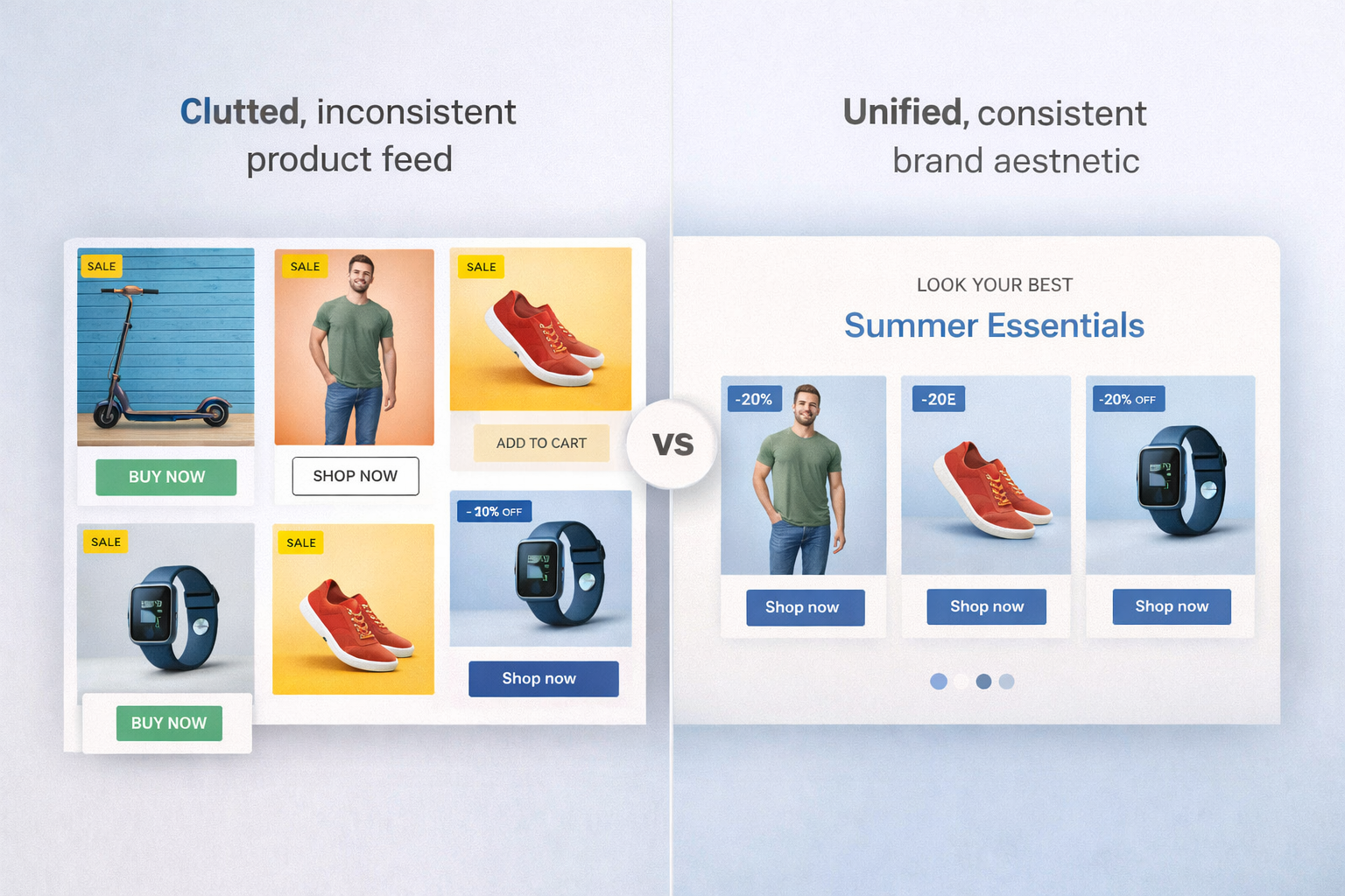 cluttered, inconsistent product feed vs. unified, aesthetically consistent brand aesthetic