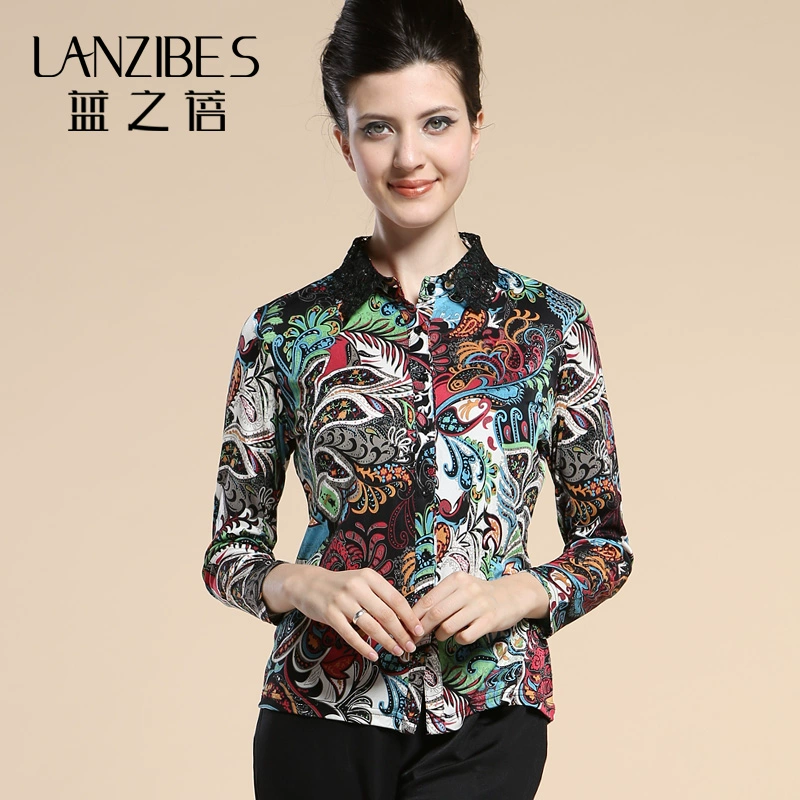 Lan Zhibei Autumn Plus Size Của mẹ Mặc của phụ nữ Áo sơ mi lụa của phụ nữ Dài tay Áo sơ mi lụa dâu tằm Đầu áo sơ mi - Áo sơ mi dài tay