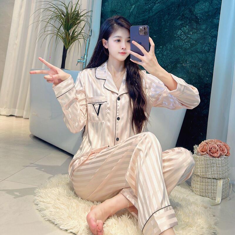 2025 Spring/Summer High-End Women's Pink Striped Sweet Ice Silk Pajamas, Yang Mi Style Homewear for Women