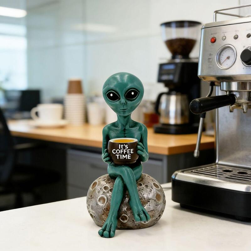 Quirky Alien Reading a Book Coffee Statue Resin Crafts Alien Figure Decoration for Restaurant and Living Room Tabletop Decoration