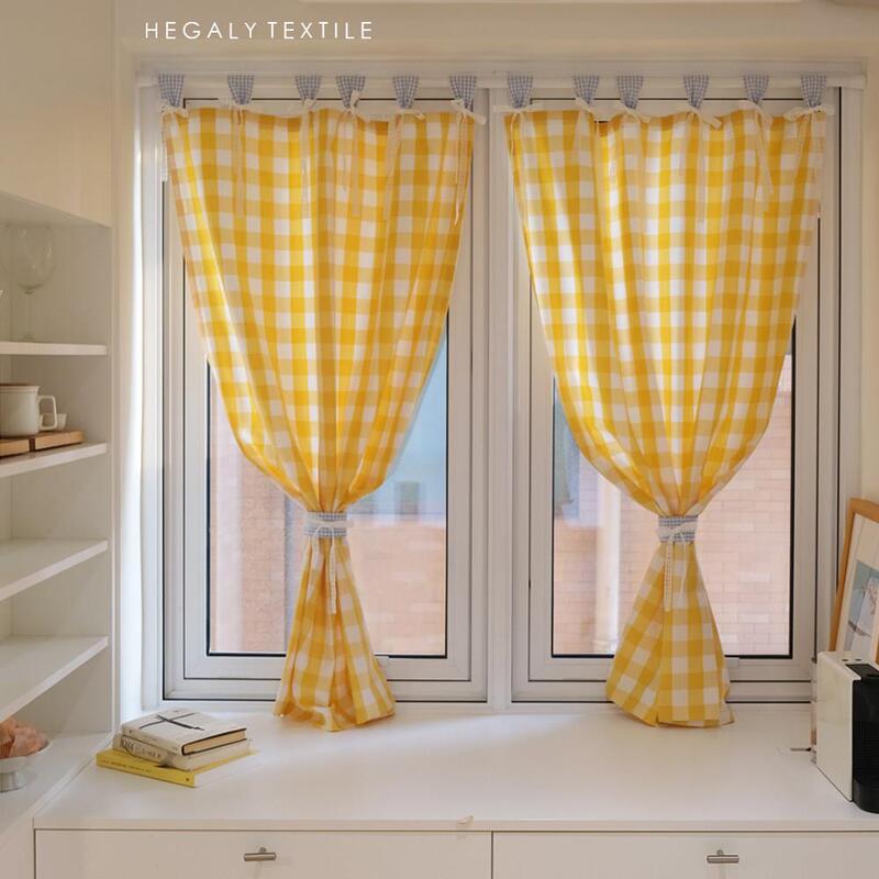 Korean-Style Yellow Plaid Retro Hanging Door Curtain, Kitchen Semi-Blackout Partition Curtain with Simple Design