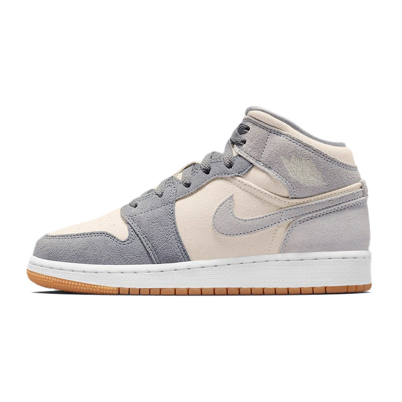 Jordan Air Jordan 1 Mid 帆布皮革  中帮 儿童篮球鞋 奶油白