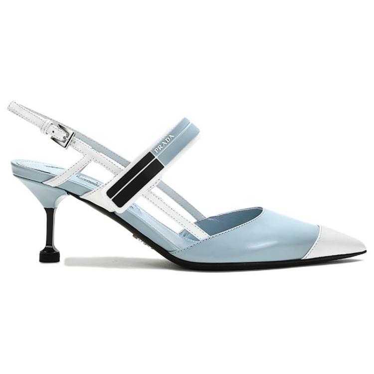 PRADA 普拉达 皮革拼色尖头高跟凉鞋 女款 蓝白 - 图0