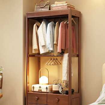 Solid wood coat rack floor-standing bedroom home bedside table integrated storage rack bedside hanger with drawer storage rack