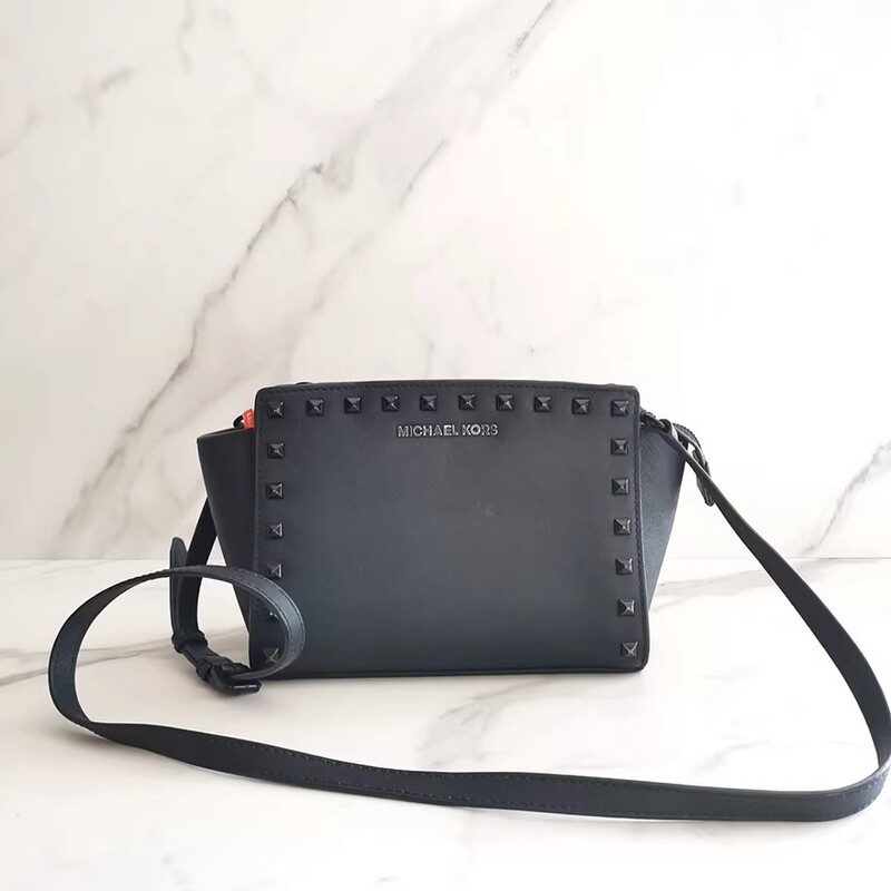 [95% New] Mk/Michael Kors Women's Black Leather Studded Small Shoulder Crossbody Smiley Bag