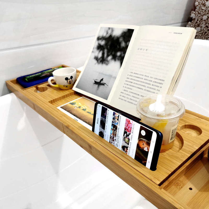 Bathtub Storage Rack, Non-Slip Bath Bucket Storage Board, Bathtub Rack Tray Holder, Bamboo Wood Holder for Mobile Phone and Tablet