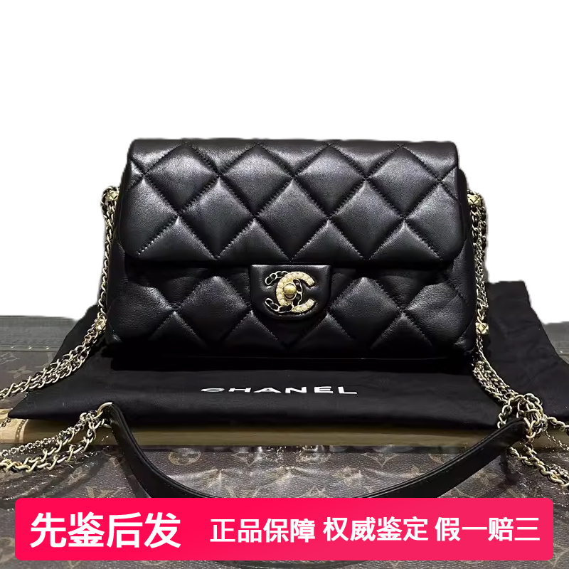 Authentic [9.9 New] Chanel/Chanel Black and Gold Double-Lock 19Bag Chain Bag with Chip Model Shoulder Bag