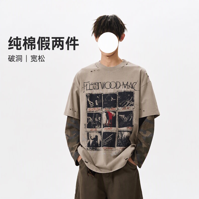 Pure Cotton Round Neck Fake Two-Piece Loose Long-Sleeved T-Shirt American Retro Hip-Hop Rock Band Print Street Top Pure Cotton Round Neck Fake Two-Piece Loose Long-Sleeved T-Shirt American Retro Hip-Hop Rock Band Print Street Top