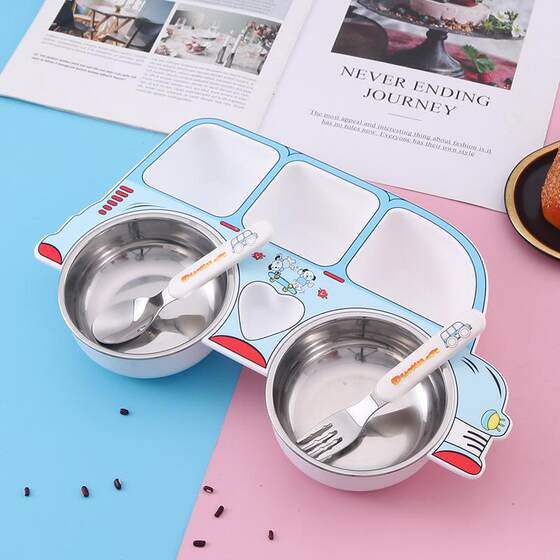 Especially Attractive-Looking Rice Bowls, 304 Stainless Steel Children's Dinner Plates, Cartoon Car-Shaped Supplementary Food Rice Bowls, Divided Plates