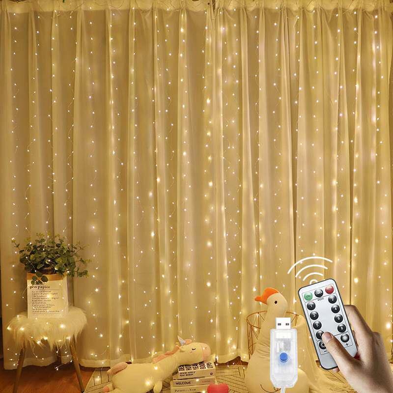 Colorful Flashing String Lights, Fairy Lights, 3* 3m Remote-Controlled USB Copper Wire Curtain Lights, Led String Lights for Christmas and Holiday Room Decoration