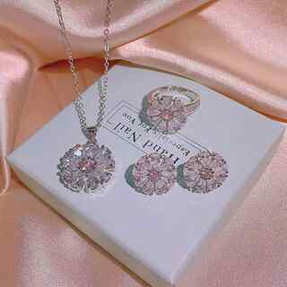 New Pink Cherry Blossom Love Zircon Set Wedding Jewelry Flower Earrings Necklace Ring Three-Piece Set Jewelry for Women